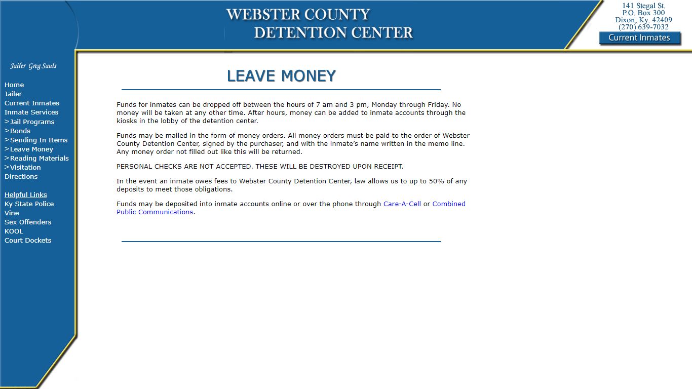 Webster County Jail - Leaving Money - JailTracker